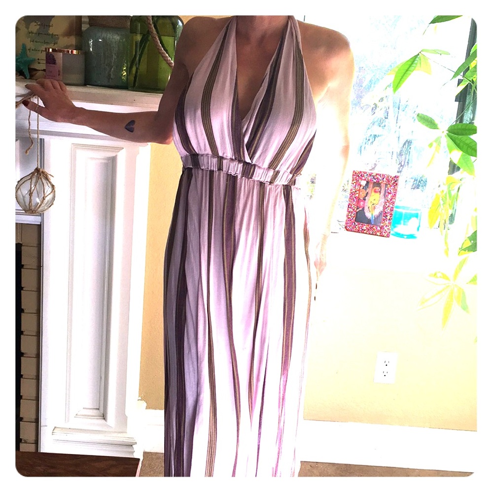 Lavender striped backless halter maxi dress